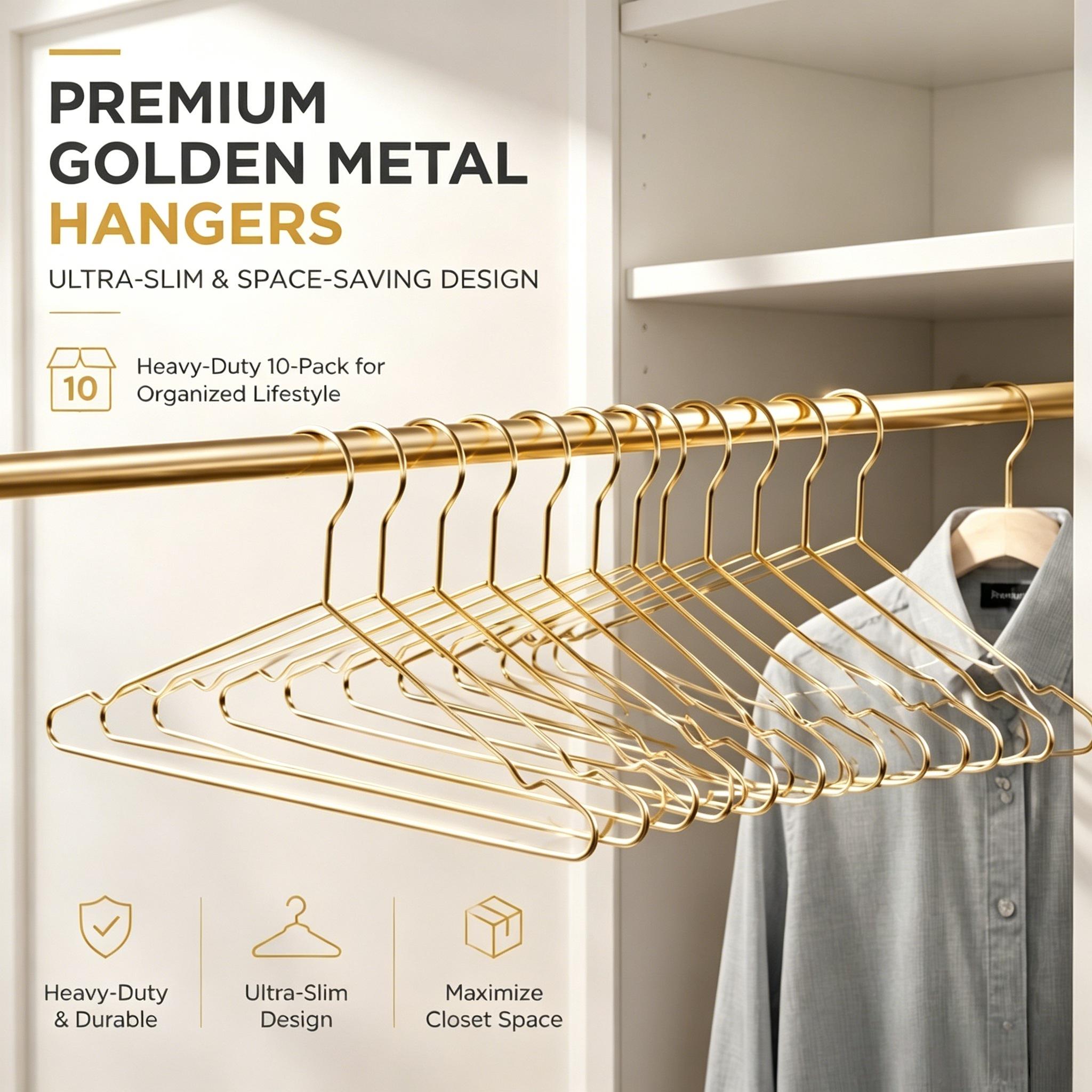 Heavy Duty Golden Thin Metal Clothes Hanger Set Of 10 Ultra Slim Design Maximize Wardrobe Storage Space Wire Garment Holder