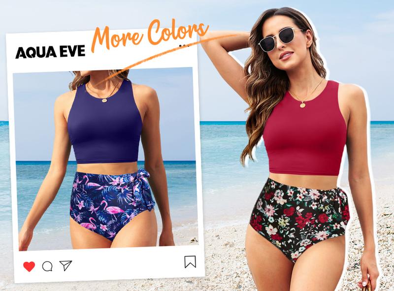 Aqua Eve Women High Waisted Bikini Set Racerback Swimsuit Two Piece Bathing Suit High Neck Swimwear Tankini Outfit Activewear