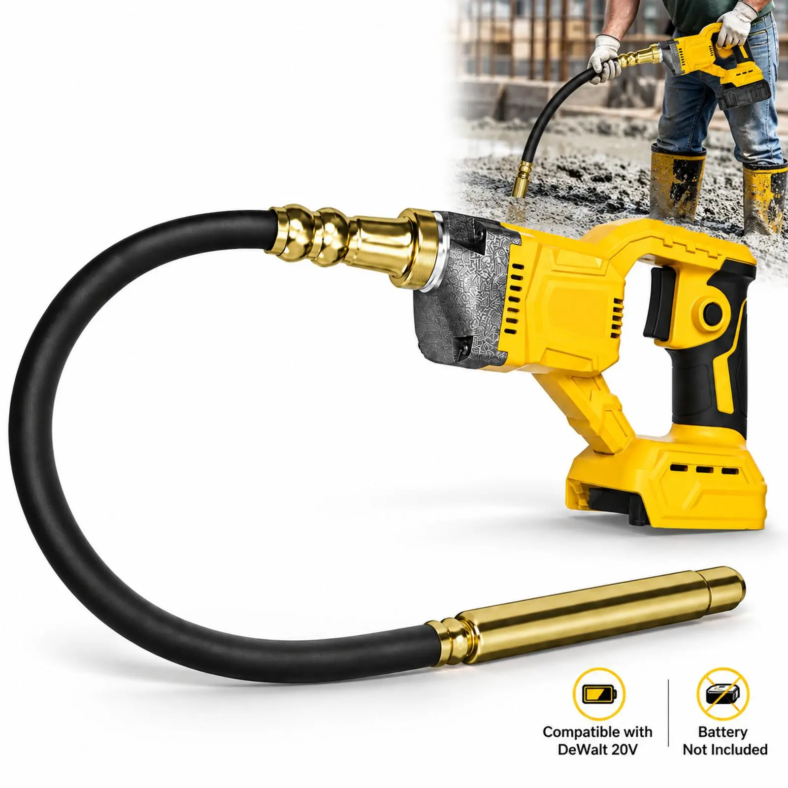 Cordless Concrete Vibrating Compatible with DeWalt  600W motor with 6000RPM high-frequency vibration and 3.8ft flexible shaft. Cordless design(Battery not included)