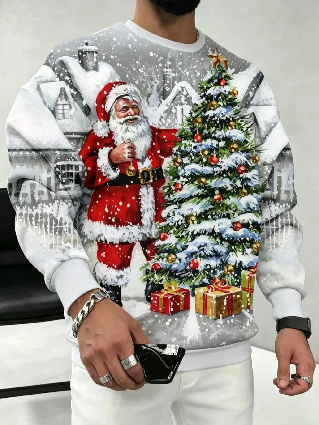 Men's Christmas Round Neck Sweatshirt, Santa Claus Tree Snow Village Print, Casual Holiday Party Wear, Winter Daily Top, Perfect Gift