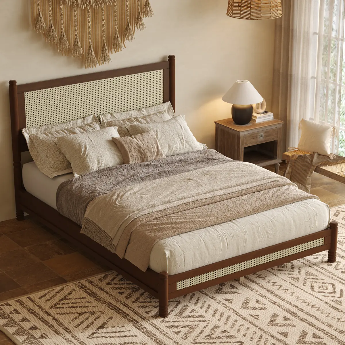  [Bellemave] Full/Queen/King Bohemia Wood Platform Bed Frame, Rattan Headboard and Footboard, Boho Vintage Bedroom Furniture, No Box Spring Needed, Easy Assembly