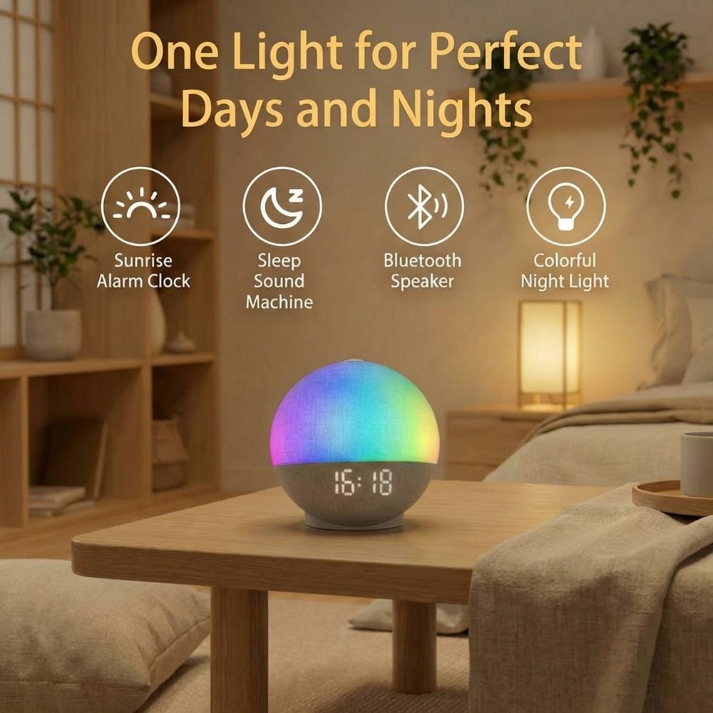 Sunrise Multifunctional Alarm Clock with White Noise Machine, Bluetooth Speaker, Color Changing Night Light, Fabric Cover, for Bedroom – Perfect Gift for Adults and Kids, Sleep Aid & Home Decor