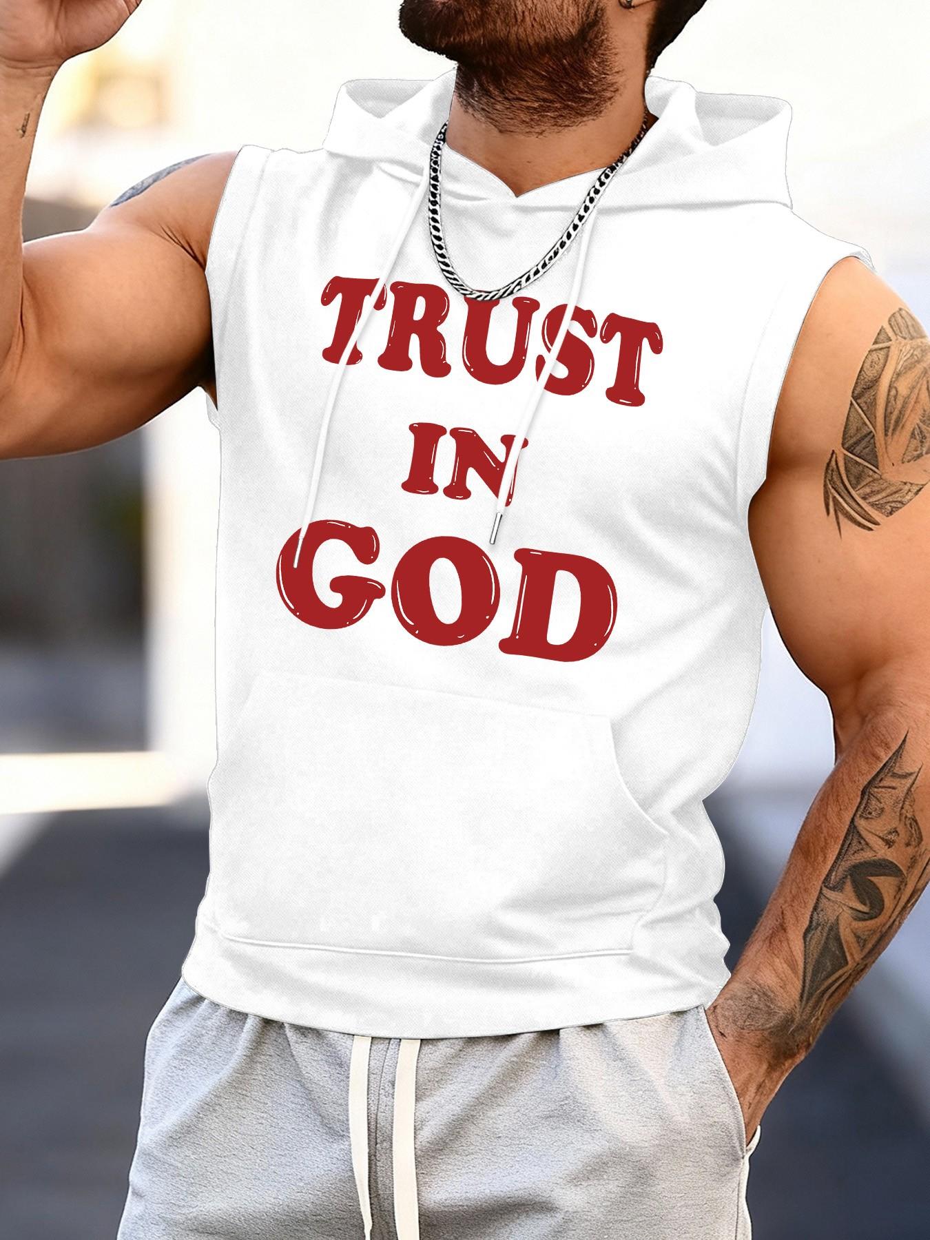 Trust in God Faith Slogan Print Sleeveless Hooded Vest for Men, Summer Fashion Religious Style, Sporty Geometric Pattern