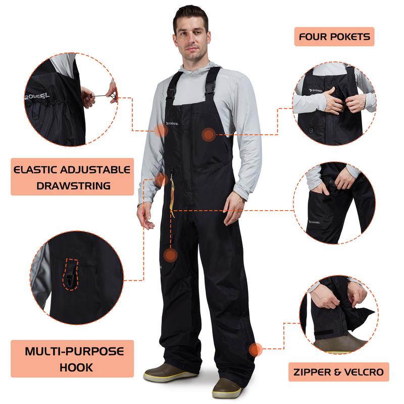 【RODEEL】724 Premium Waterproof Bib Overalls Men Tactical Rainwear with Adjustable Suspenders and Multiple Pockets Relaxed Rain Pants Workwear for Outdoor Sports Fishing Boating Car Washing Construction Landscaping Gardening Menswear, Holiday Gift