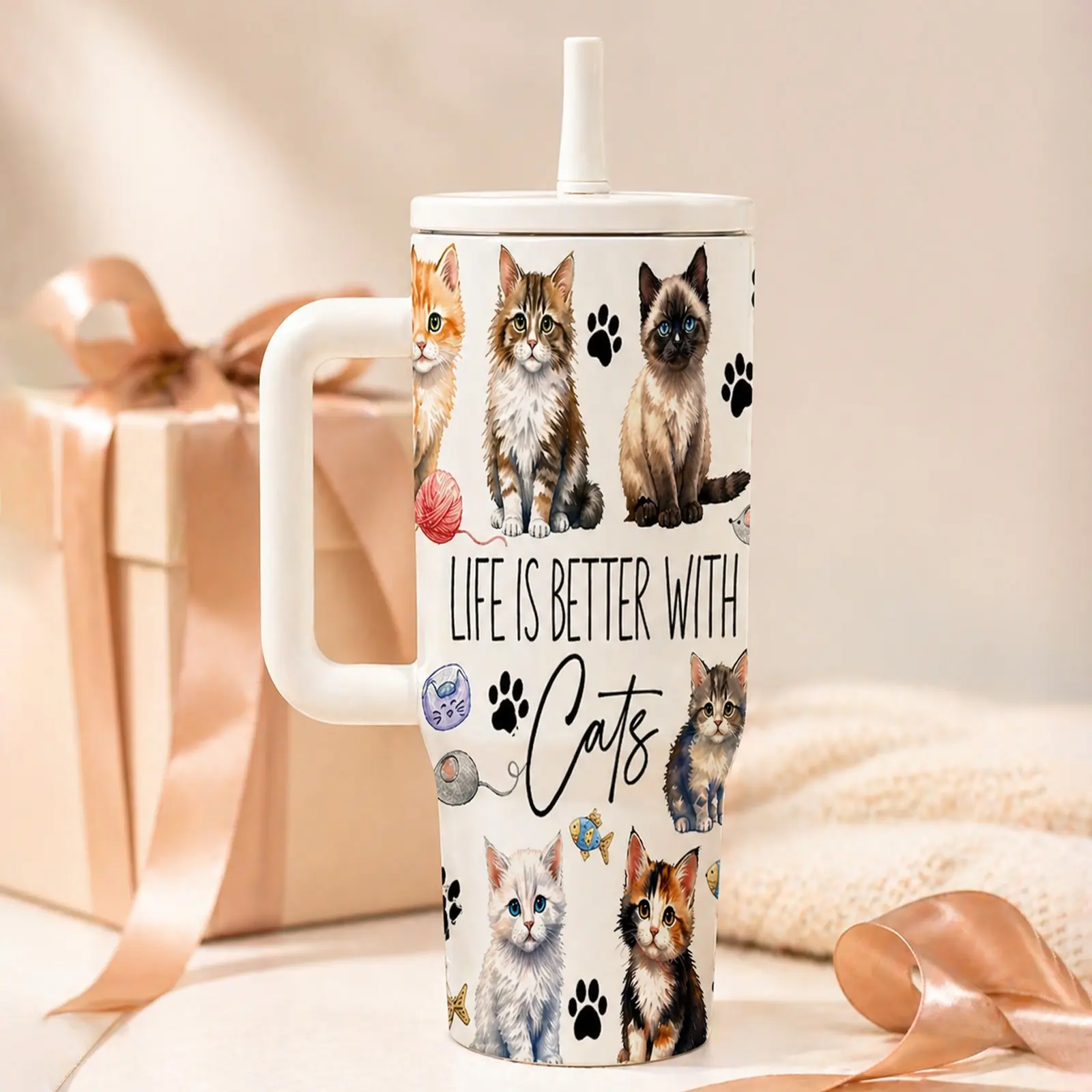 40oz Cat Print Insulated Tumbler with Handle Straw, Stainless Steel Coffee Cup, Cute Cat Design, Ideal Gift for Cat Lovers