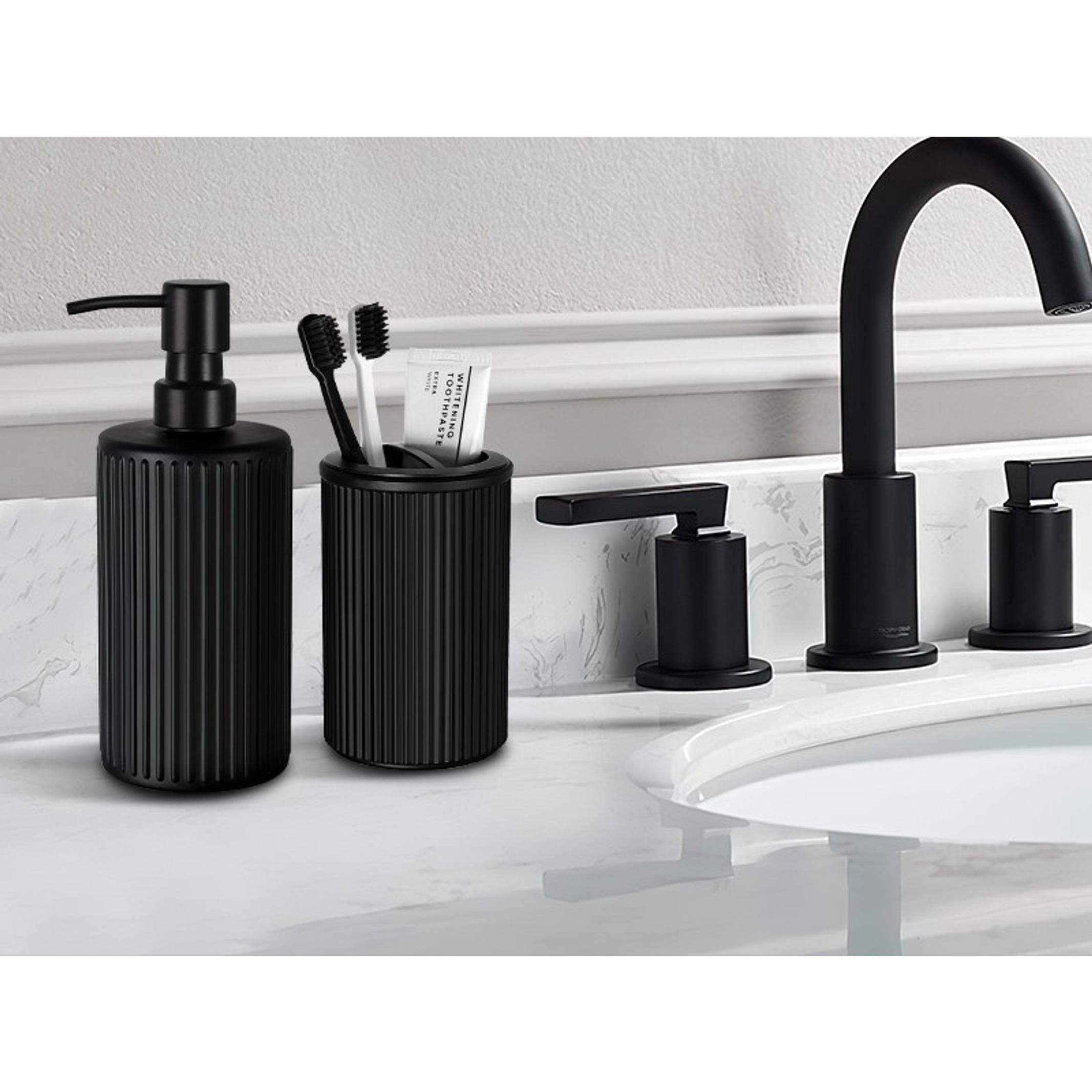Matte Black 4-Pc Glass Bathroom Accessories Set - Stainless Steel Pump Soap Dispenser, Toothbrush Holder, Wipe-Clean Organiser, Qtip Holder for Modern Home Sink Decor