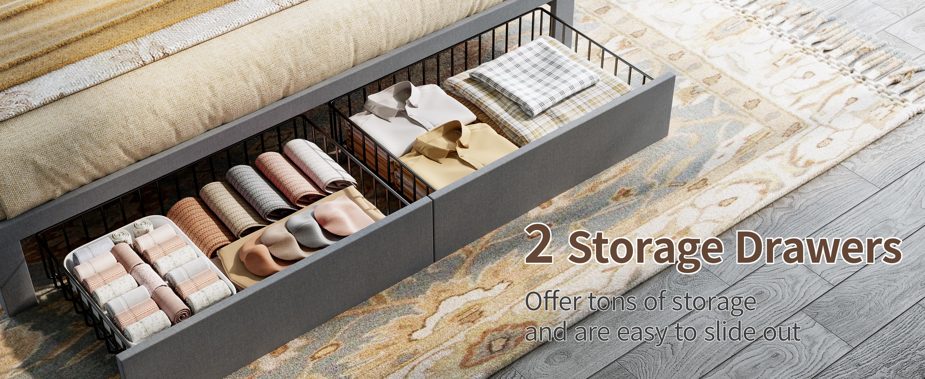 TryLazy Bed Frame with 4 Drawer, Headboard with Storage and 2 USB & 1 Type-C Charging Ports, Noise-Free, No Box Spring Required, Easy Assembly