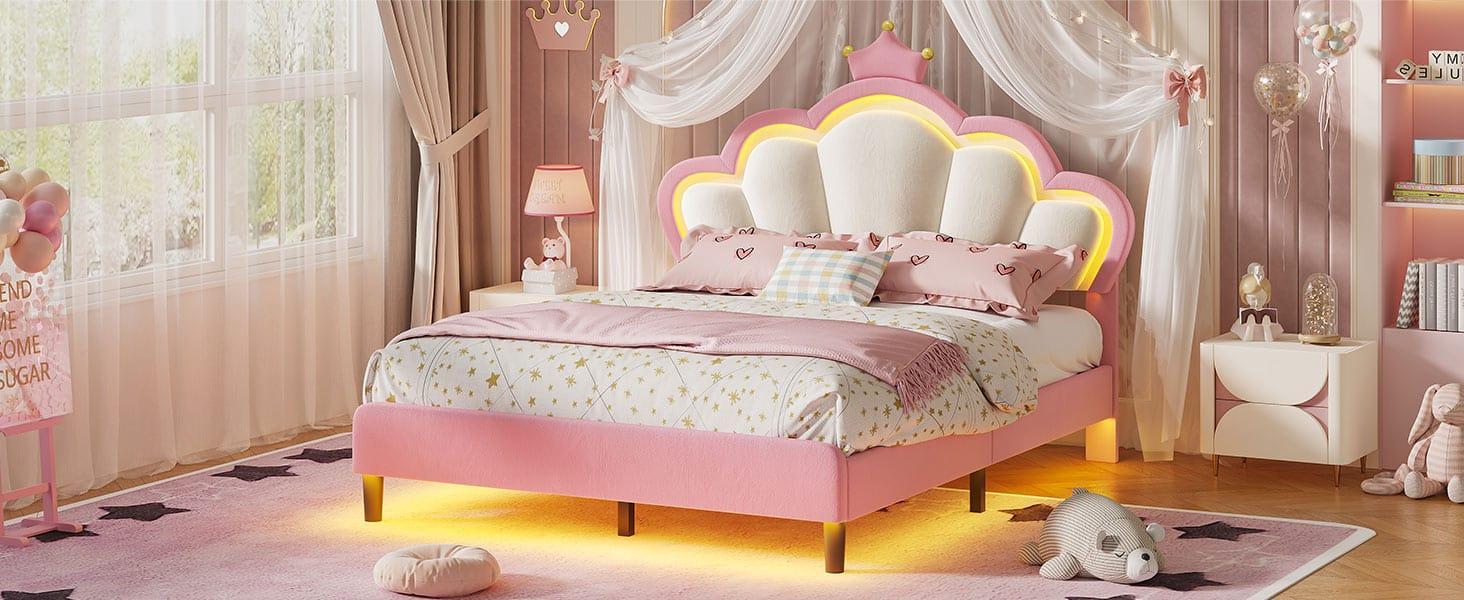 Girls Full Bed Frame with Princess Crown and LED Velvet Upholstered Platform Pink Girls Full Bed Frame with Princess Crown and LED Velvet Upholstered Platform Pink