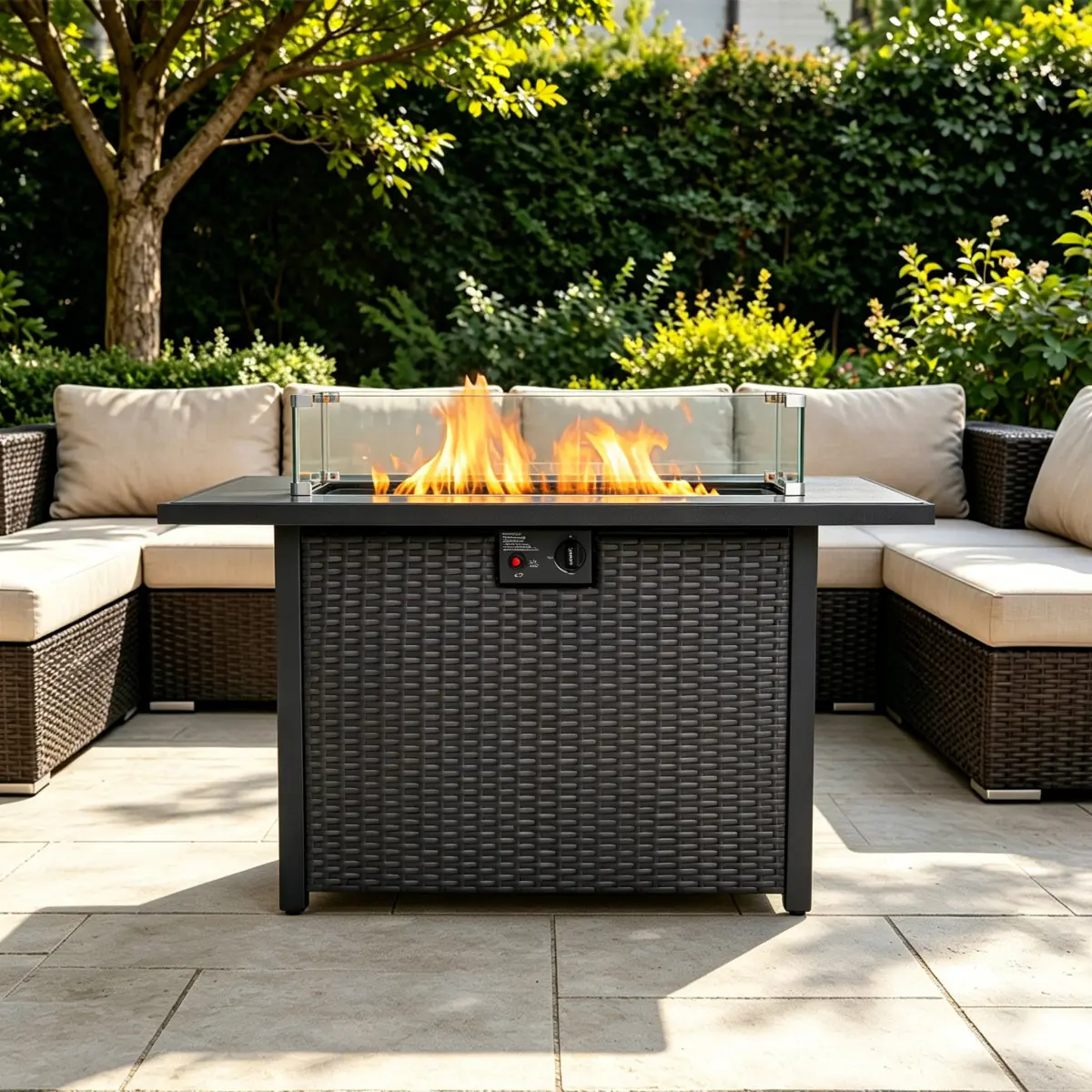 44 Inch Propane Fire Pit Table, 54 Inch 55000 BTU Outdoor Gas Fire Pit Rectangular with Glass Wind Guard, 2-in-1 Firepit Table for Patio Garden Backyard, Blac