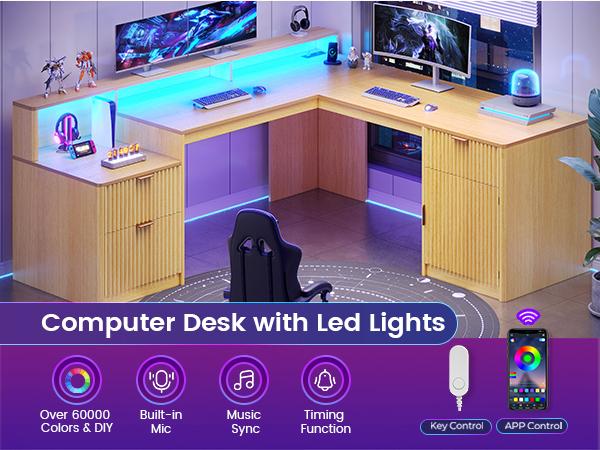 SEDETA 66 Inch Modern L Shaped Desk with Drawers Fluted Home Office Desk with File Cabinet and Printer Shelf Wood Executive Desk with Monitor Stand Power Outlets Led Lights