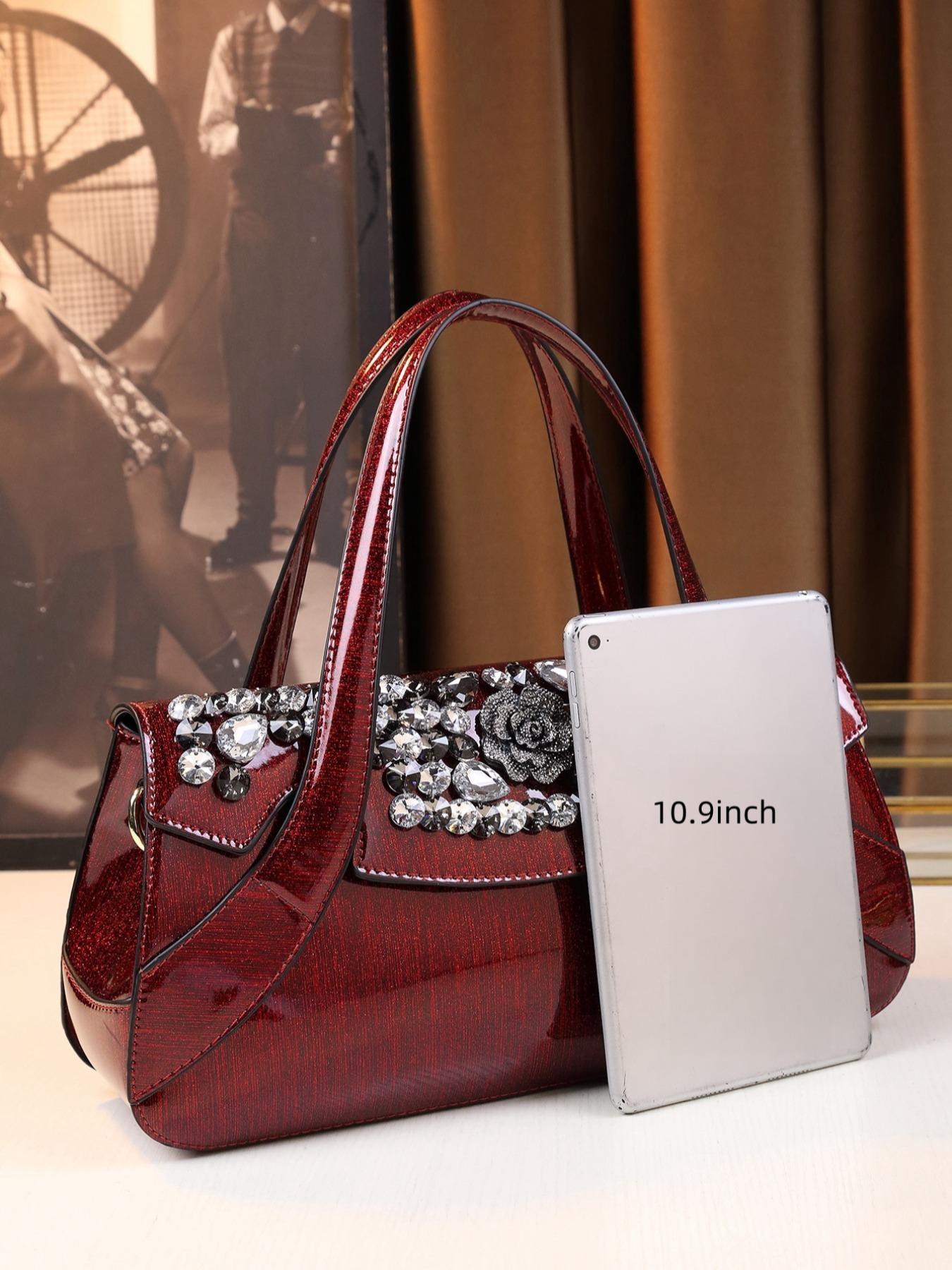 Women's Elegant Rhinestone Decorated Handbag, Fashionable Floral Design Bag for Daily Used, Casual Trendy Versatile High-quality Daily Commuting Bag
