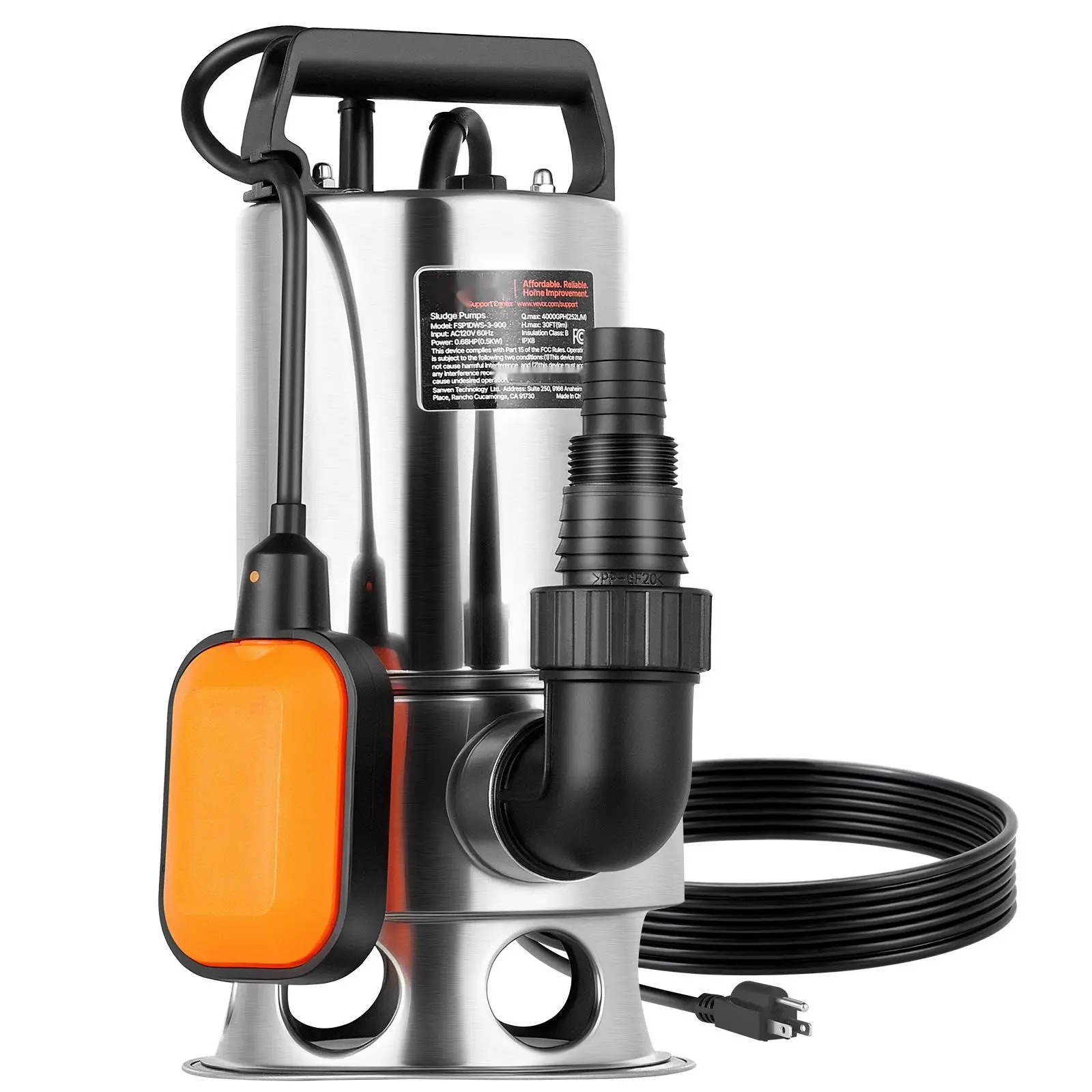 0.68 HP Submersible Sump Pump, 4000 GPH, Stainless Steel Sewage and Dirty Water Pump with Automatic Float Switch, Long 30 Ft Cord, High Lift, Ideal for Pools, Gardens, and Flooded Basements