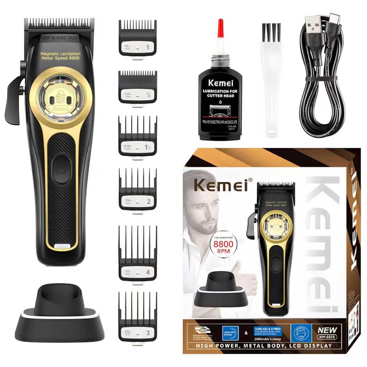 Kemei Electric Hair Trimmer Km-2373, USB Charging Carving Hair Clipper with Base, Professional Salon Barber Tool, High Precision Grooming Kit, Suspended Motor