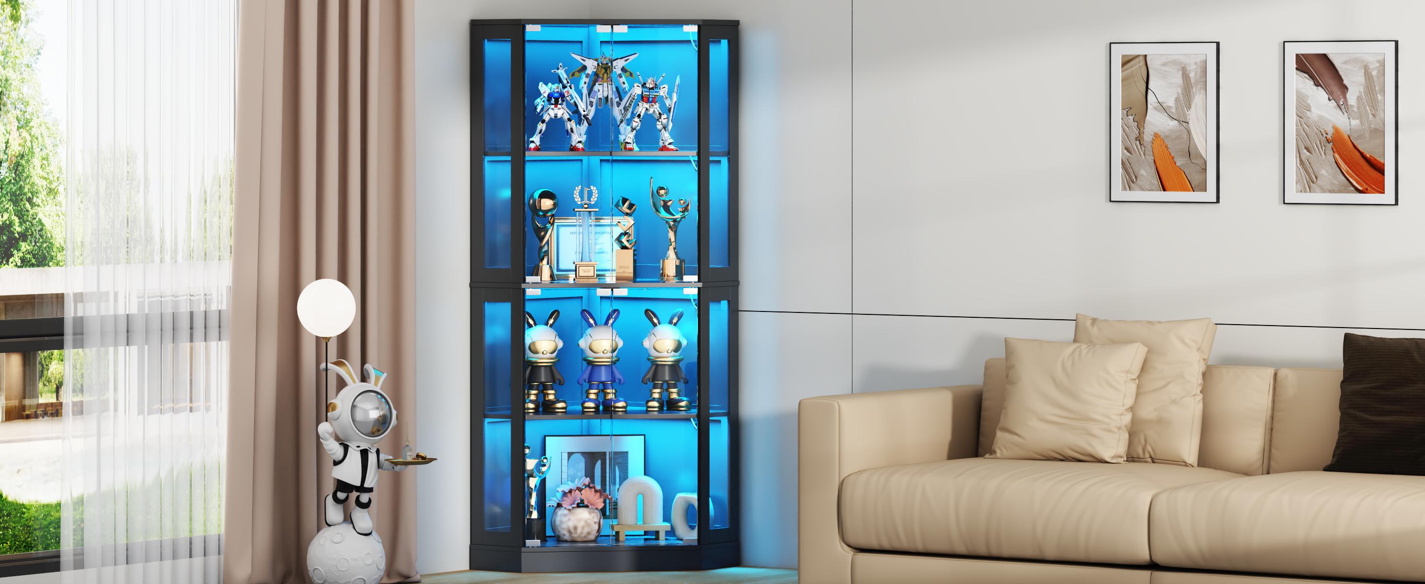 Corner Display Cabinet with Multi-Color LED Lights, Modern Curio Cabinet with Glass Doors, 4 Tier Glass Display Shelves Apartment Furniture
