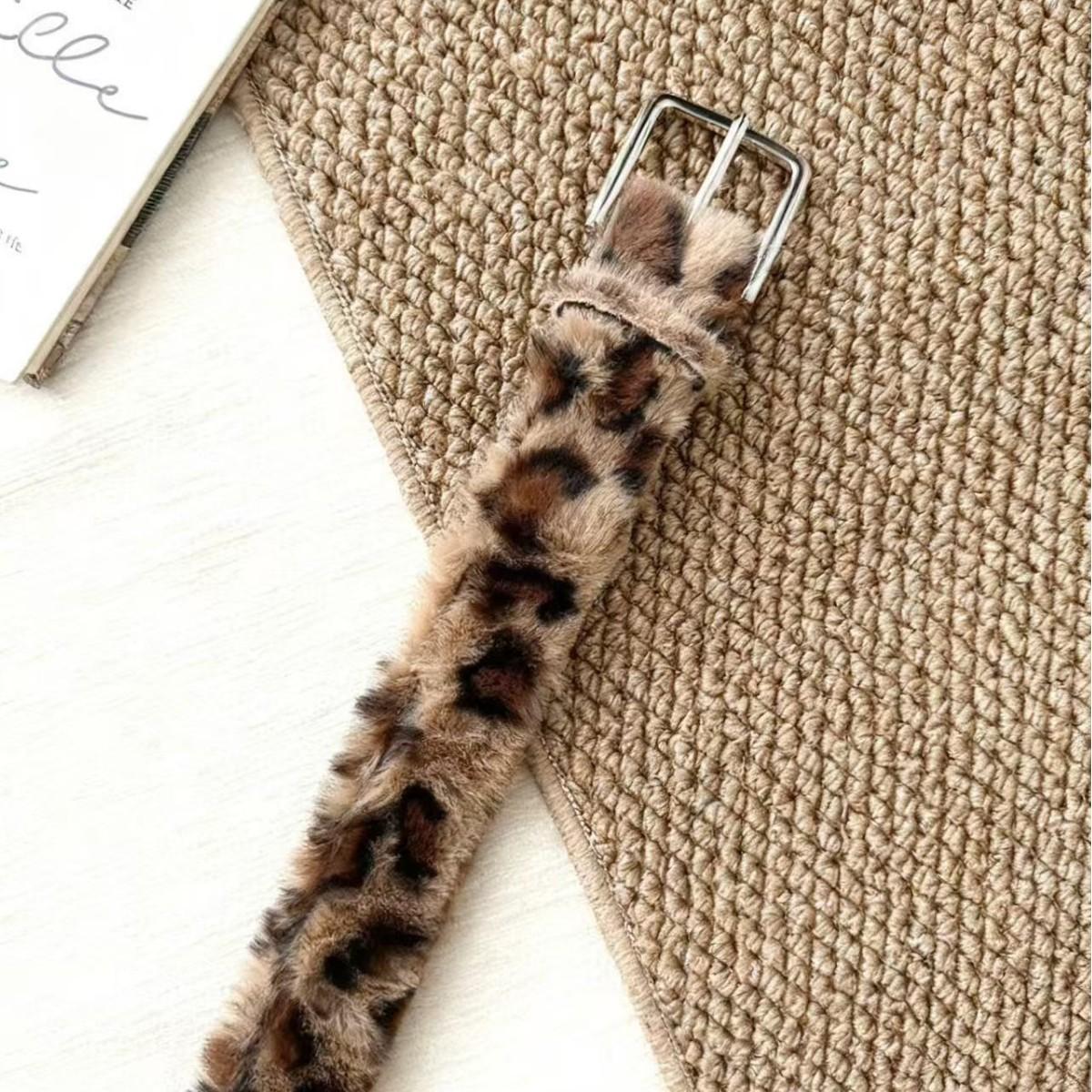 1 Piece Gray Leopard Print Furry Belt, Sweet & Cool Style, For Daily Streetwear & Denim Outfits