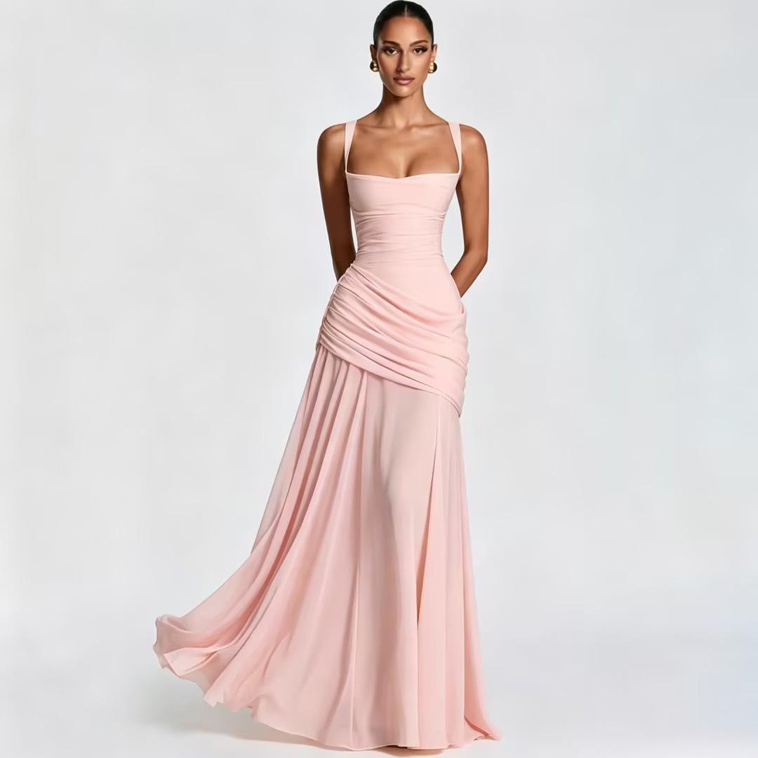 Women's 2026 Spring Summer Sleeveless Solid Color Cinched Waist Flared Formal Dress, European American Elegant Cocktail Party Evening Dress