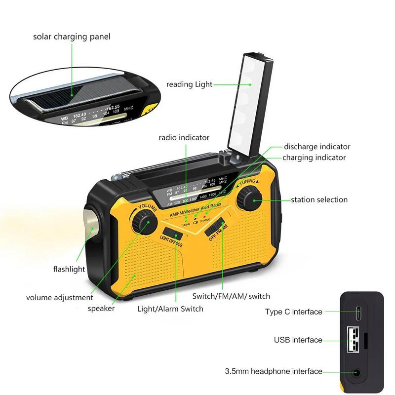 Solar AM/FM Portable Multifunctional Radio with Flashlight, Reading Lamp, SOS Alarm – 2500mAh Power Bank, Crank & Battery Powered for Camping, Hiking & Emergency Survival Gear