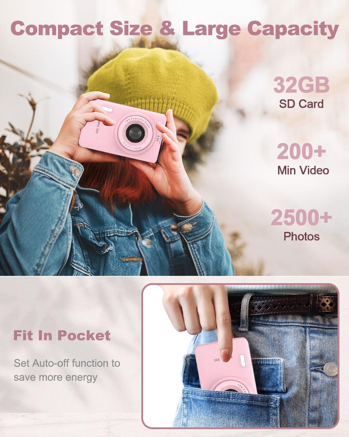 W&O Digital Camera, FHD 1080P Kids Camera, 50MP Point and Shoot Camera with 16X Zoom Anti Shake, Compact Portable Small Camera for Girls Boys Teen Student with 32GB Card