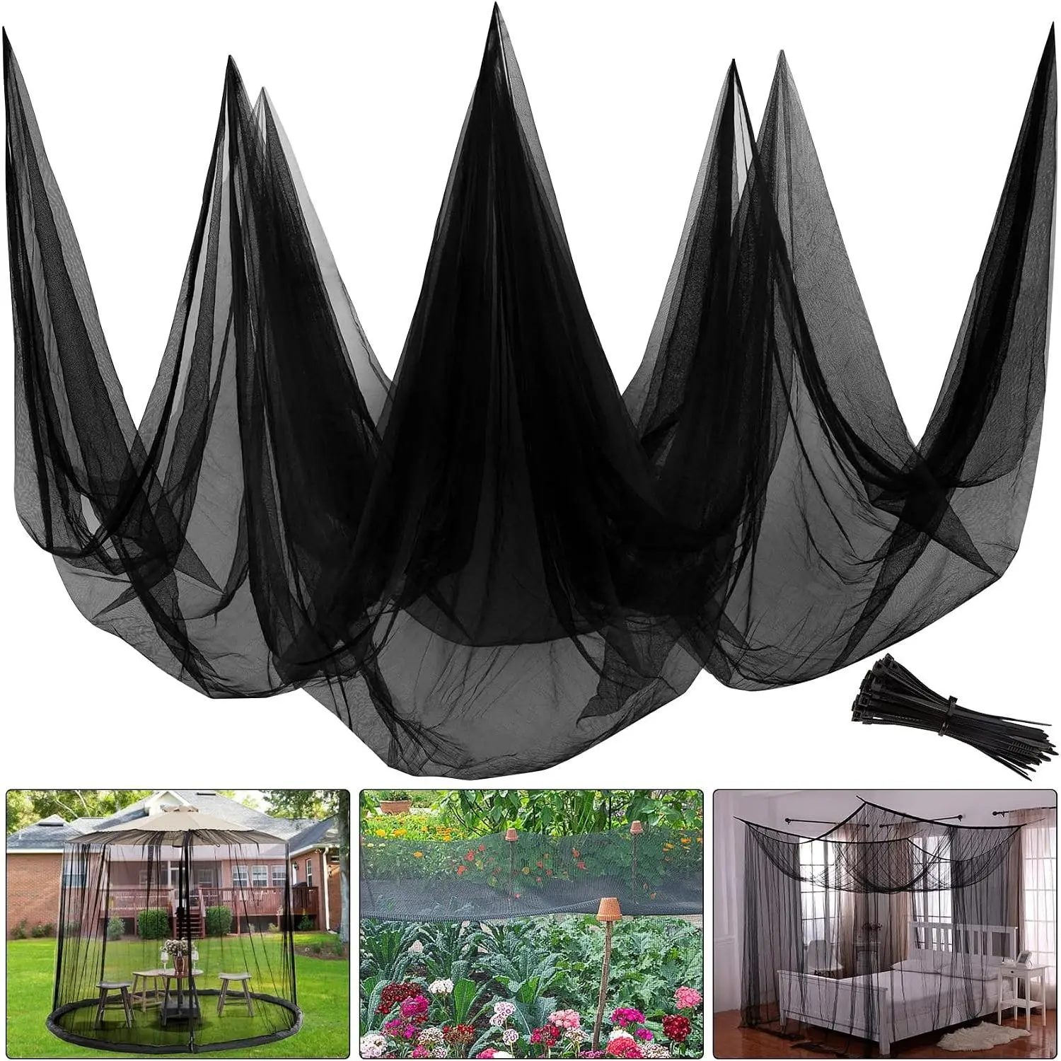 Rectangular 39x10 Ft Mesh Fabric Insect Net, Black Outdoor Patio Mosquito & Bird Netting for Home Garden Use