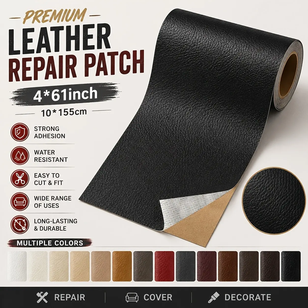 Leather & Vinyl Repair Kit, Self-Adhesive Tape & Patch, Leather Repair Patches, Strong Adhesion, 4x61 Inch, Waterproof, No Residue, DIY Fix