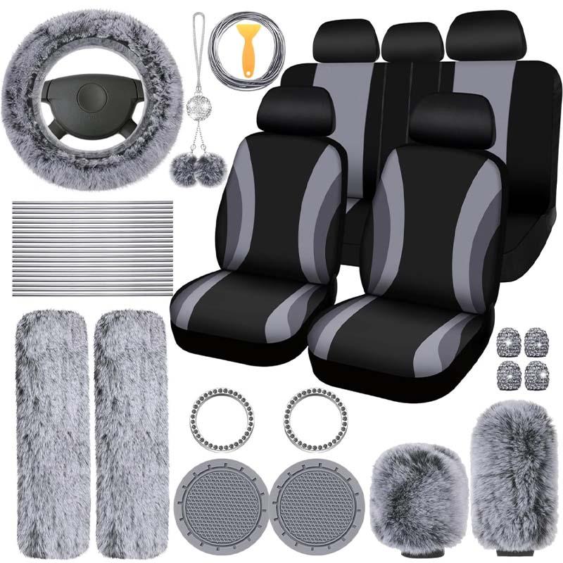 45pcs Car Seat Covers & Interior Accessories Set: Thin Polyester Five-Seat Car Seat Covers, Plush Steering Wheel Cover, Shoulder Pads, Gear Shift Knob Cover, Rearview Mirror Ornaments, Cup Pads, Tire Valve Caps, Stitching Trim Strips.