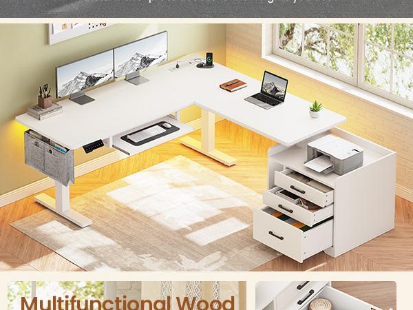 SEDETA 63 Inch Height Adjustable L Shaped Electric Standing Desk Computer Gaming Desk with Led Lights 3 Drawers Power Outlet