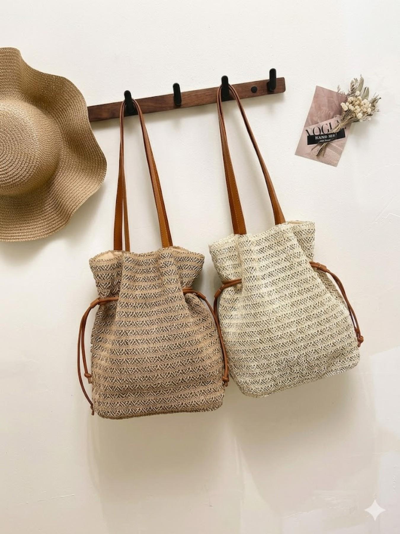 Straw Bucket Bag for Women, Woven Drawstring Shoulder Tote, Summer Beach Handbag, Large Capacity Vacation Boho Purse