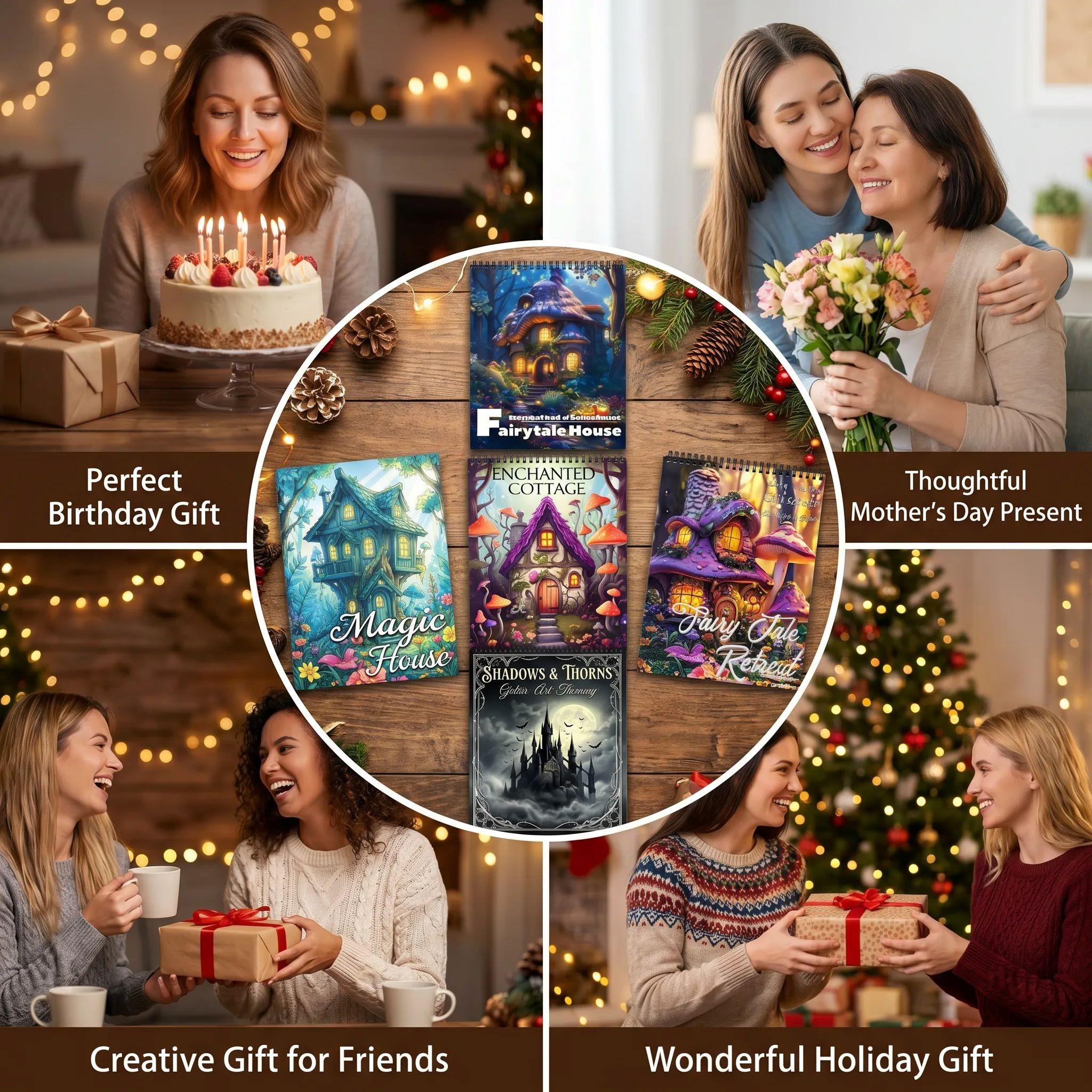 5pcs Adult Coloring Book - Enchanted Cottage & Shadows Thorns Theme, Beginner-Friendly, Vivid Designs, 11.2x8.27inch, Thick Paper, Stress Relief & Relaxation Art Therapy, Art Supplies, Perfect Gift for Mindfulness, Christmas & Birthday