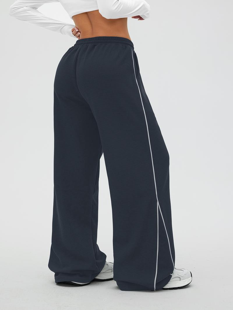 Women's Waffle Knit Jogger Pants, Loose Fit Straight Leg with Side Color Block Design, Pocket Detail, Outdoor & Gym Wear