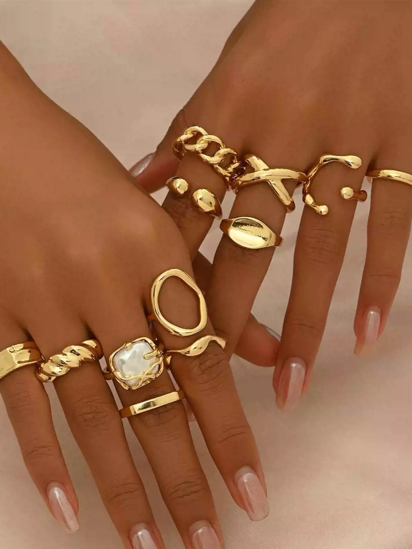 Elegant Floral Faux Pearl Ring Set, Fashionable Jewelry, Beautiful Rings, Zinc Alloy Wide Band Women's Rings, Knuckle Rings Set, All Season Jewelry Gift, Party and Birthday
