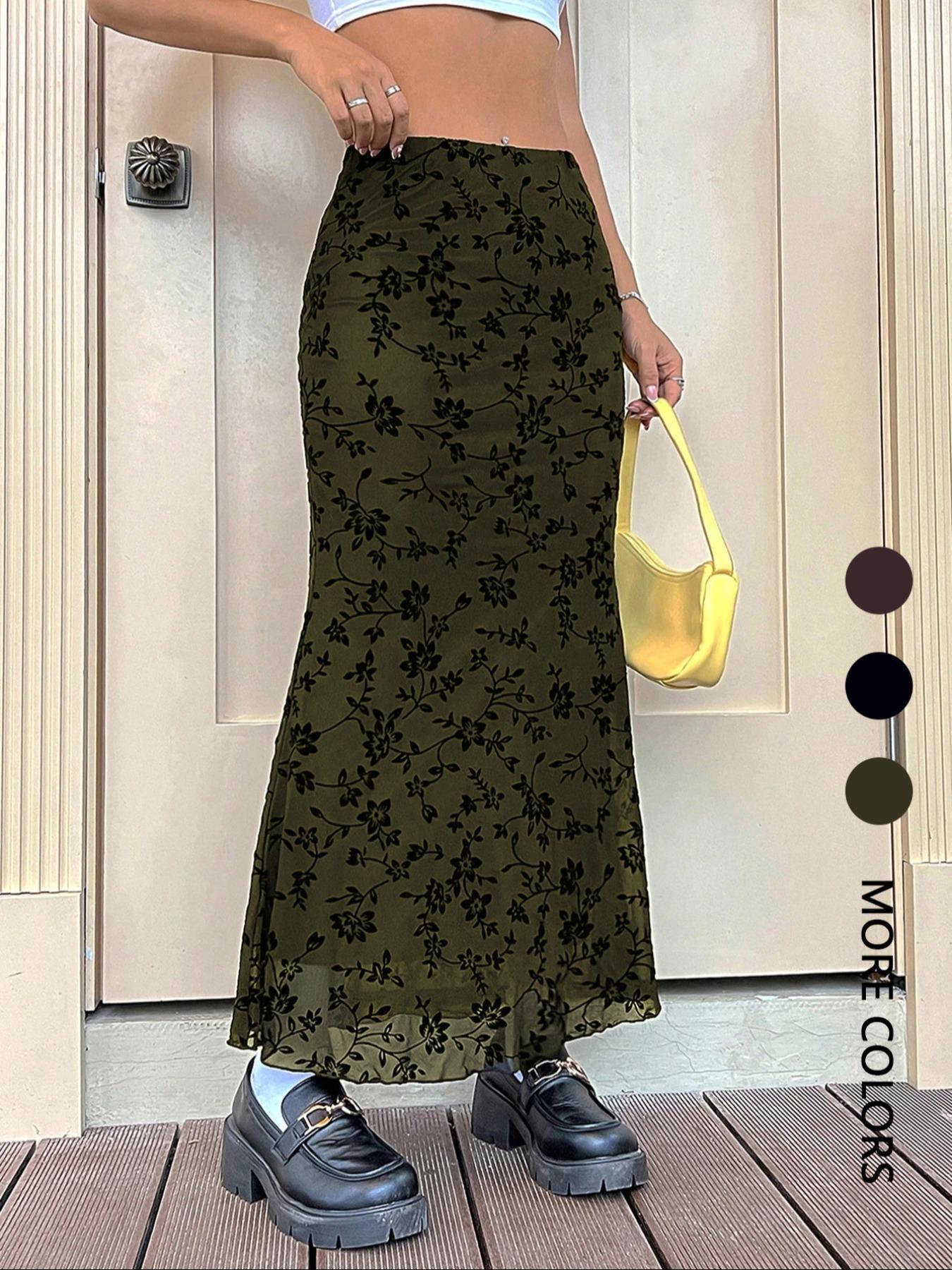 Women's Floral Print Fish Tail Hem Maxi Skirt, Casual Fitted Long Skirt, Plain Pattern Design, Perfect for Daily Wear & Stylish