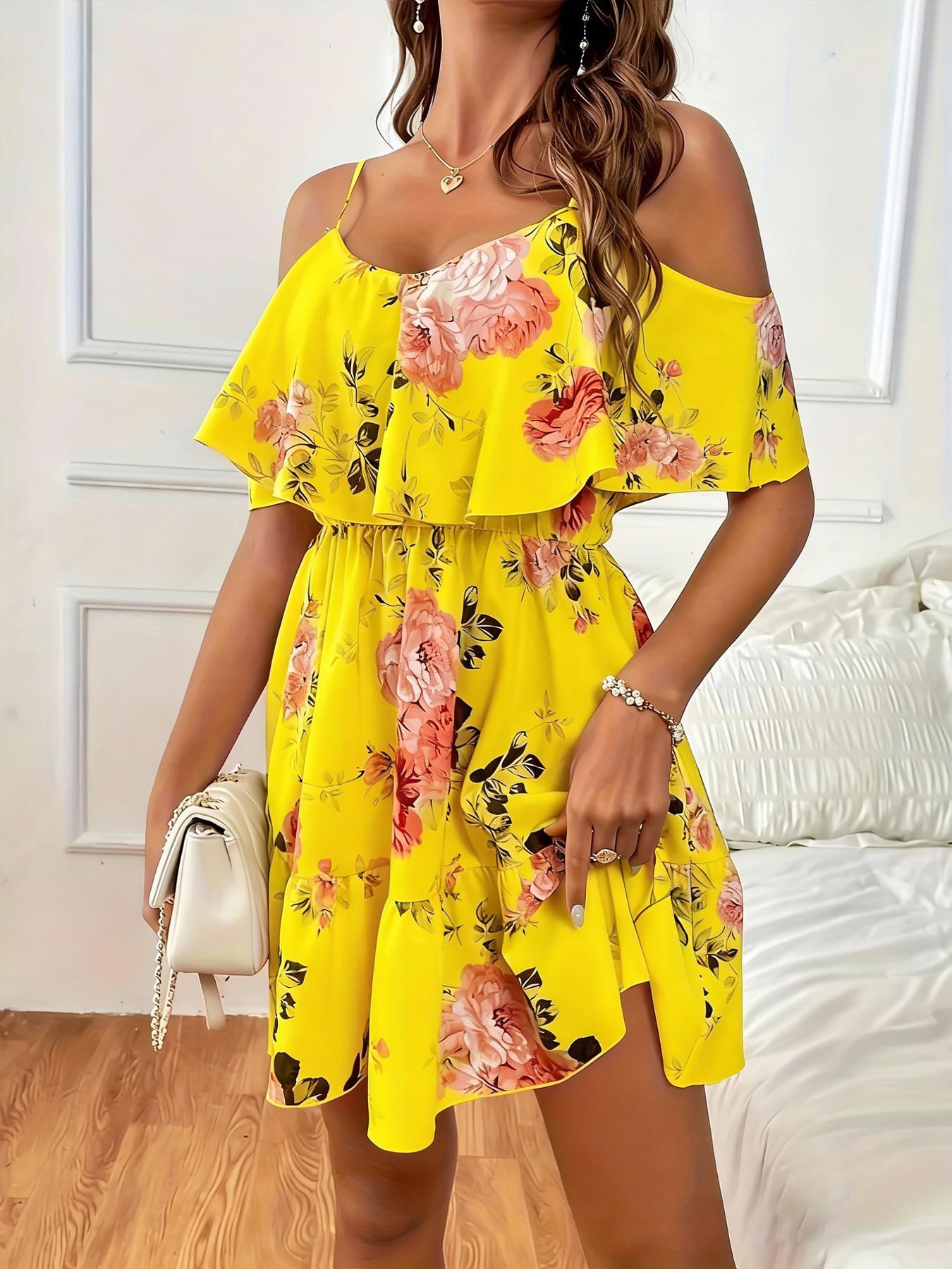 Women's Ditsy Floral Print Ruffle Trim A-Line Dress, Chic Casual Bohemian Short Dress with Butterfly Sleeves and Adjustable Straps for Daily and Vacation Wear, Ladies Summer Dress