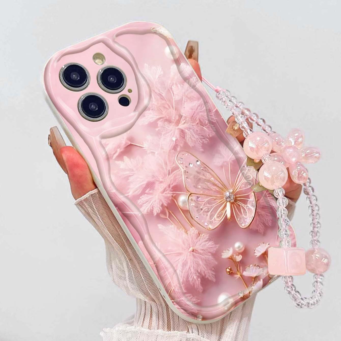 Butterfly Pearl Strap Pattern Tpu Wave Edge Anti-Drop Phone Case for Apple iPhone 17 Pro Max/16/16 Pro Max/11/13/14/15, Girl's Festival Gift