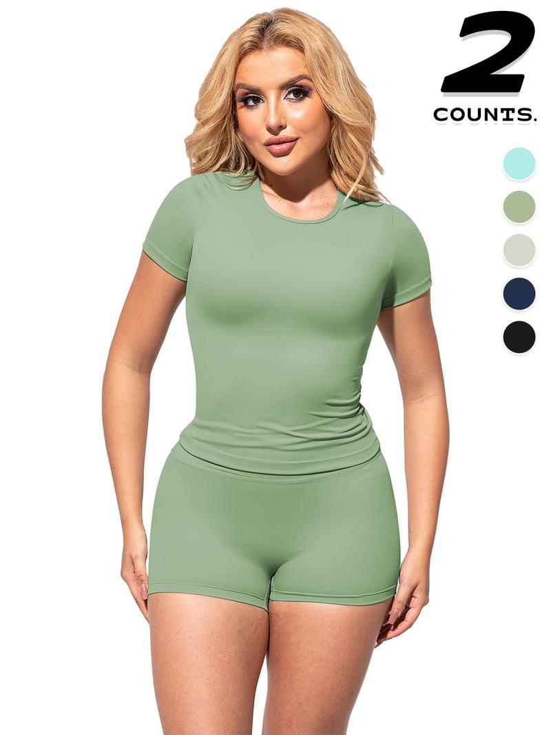 2PCSWomen's Solid Color Short Sleeve Tee & Shorts Set, Breathable Gym Yoga Running, Training Clothes, Comfortable Sportswear for Women