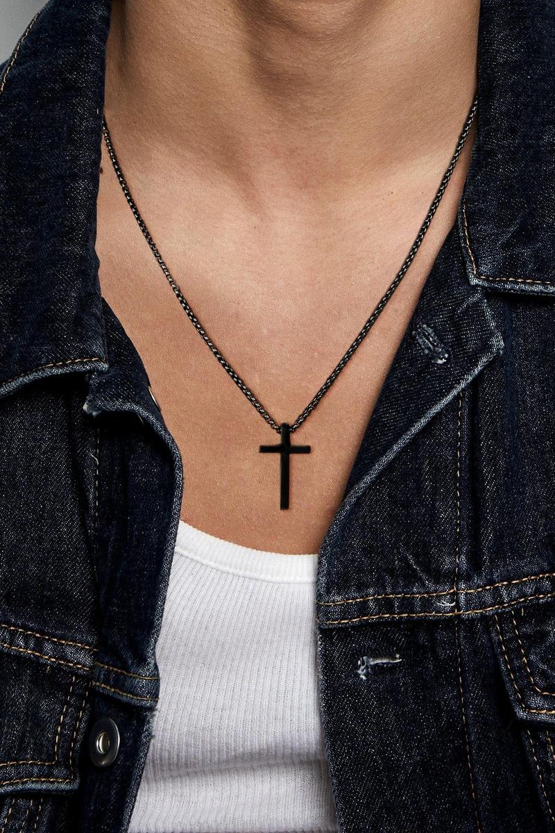 MIDEEO Cross Necklace for Men Silver Black Stainless Steel Plain Cross Pendant Necklace Box Chain Modern Versatile Accessories