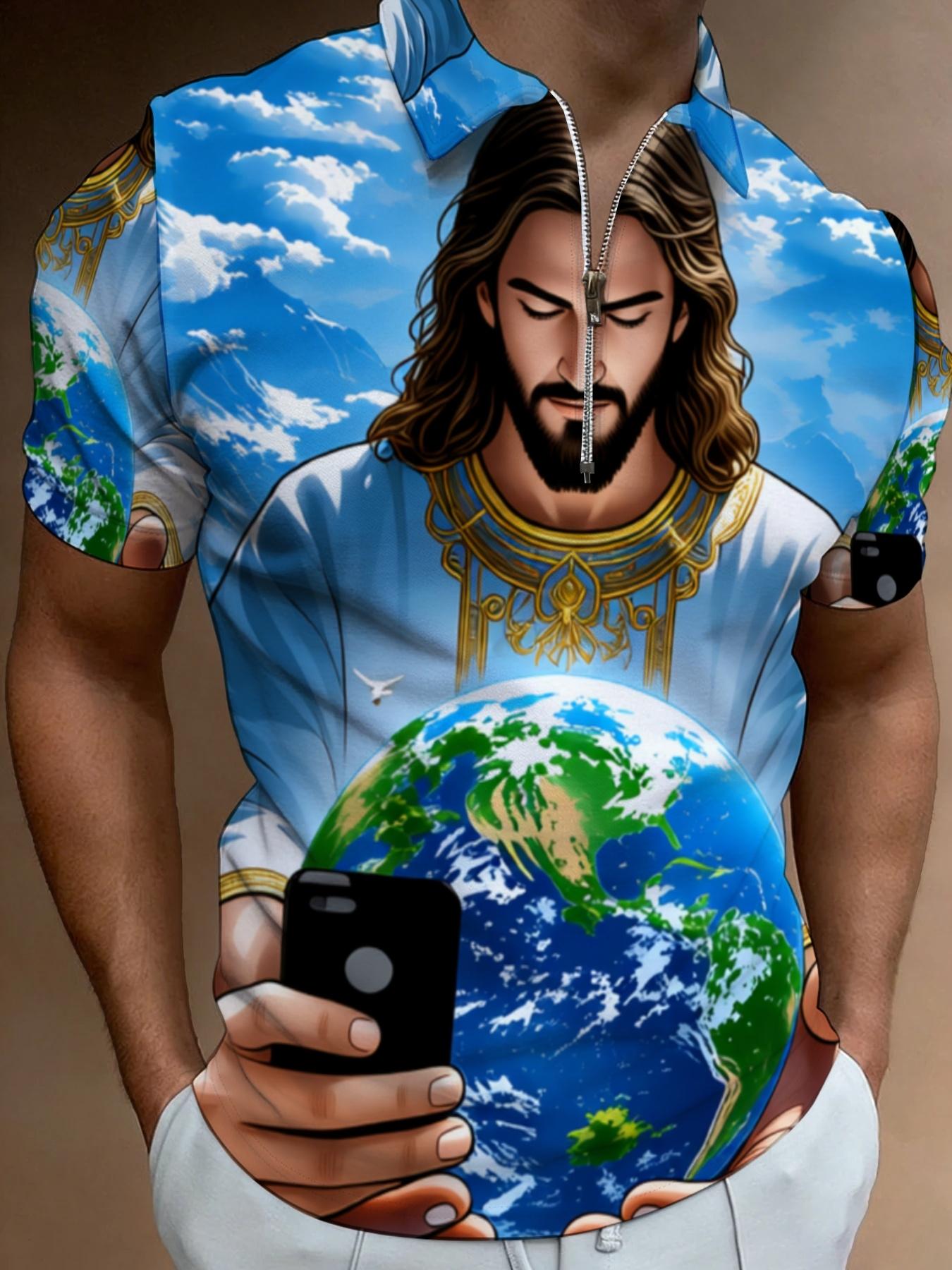 Short Sleeve Zipper Polo Shirt with Planet Pattern Print, Men's Summer Trendy Casual Top, Beach Vacation Printed Style