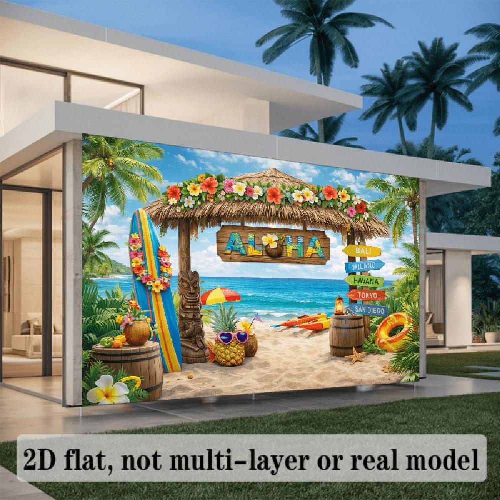 1PC 2D Flat Event Banner Backdrop, Hawaiian Tropical Beach Party Decor with Thatched Hut, Surfboard, Pineapple Elements, for Summer Festival & Birthday Events