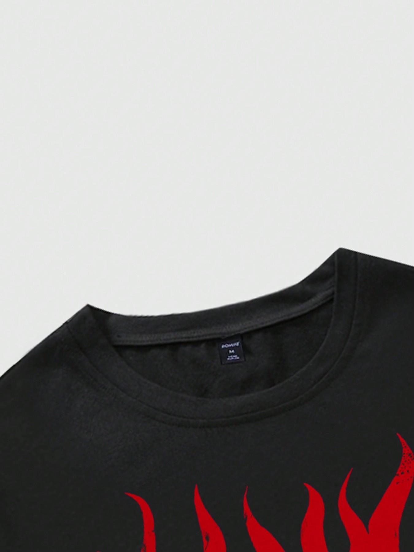 Gothic California Devil Lips Flame Print Oversized Black T-Shirt Streetwear Y2K Retro Hip Hop Graphic Tee With Lollipop Detail