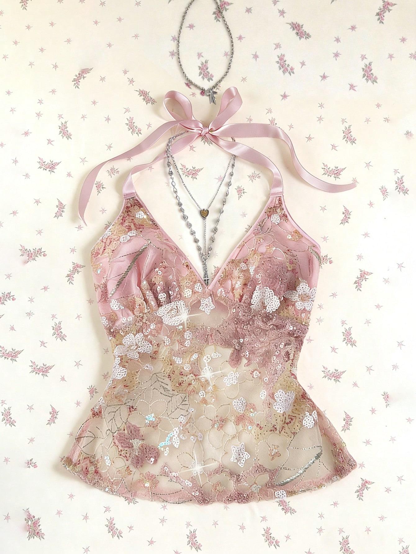Women's Summer Lace Sequins Patchwork V-Neck Backless Halter Tie Hollow Out Slim Fit Top, Cute Sweet Style Sleeveless Tank Vest Women's Summer Lace Sequins Patchwork V-Neck Backless Halter Tie Hollow Out Slim Fit Top, Cute Sweet Style Sleeveless Tank Vest