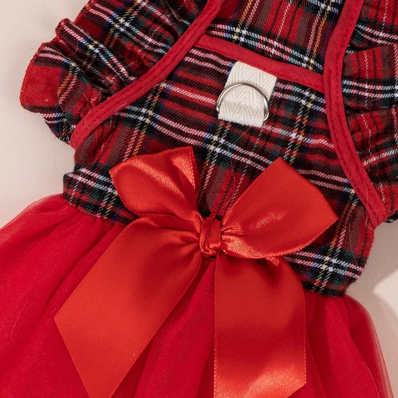 Cute Fashion Print Pet Dress with Bow, Plaid Pet Costume, Elastic Mesh Princess Dress, Puppy Cat, Complete Set