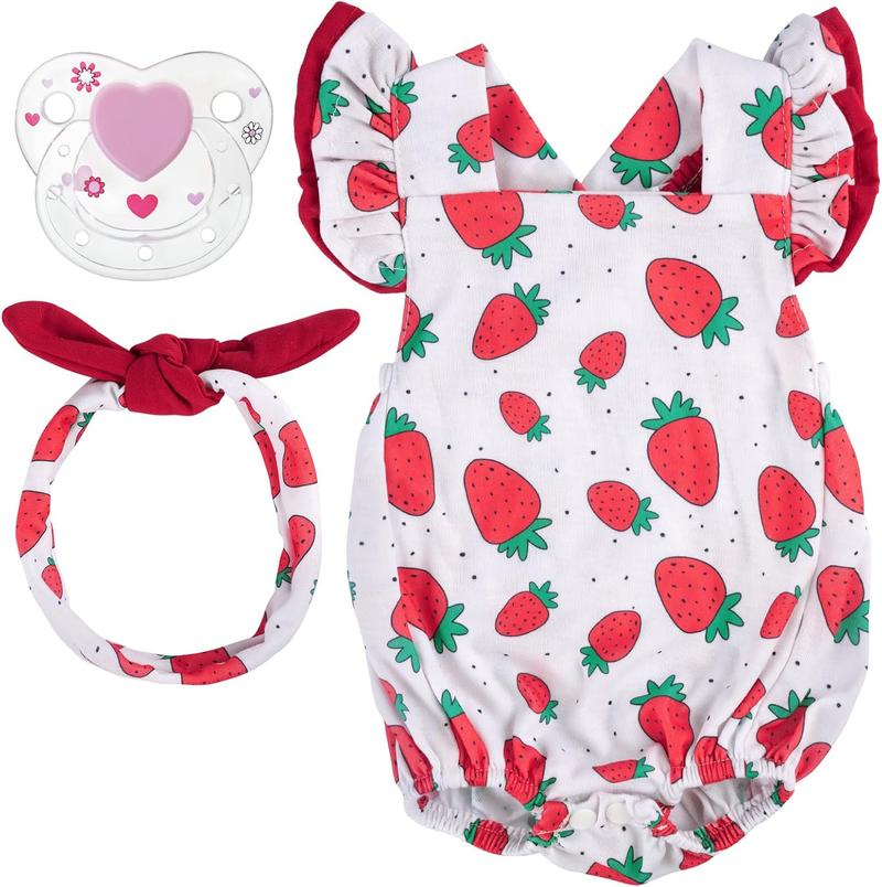 BABESIDE 3-Piece Reborn Baby Doll Clothing Set for 17-22 Inch Dolls Baby Doll Outfits & Accessories Clothes for Dolls with Strawberry Pattern Perfect for Reborn Doll Dress-Up Play Christmas Gift