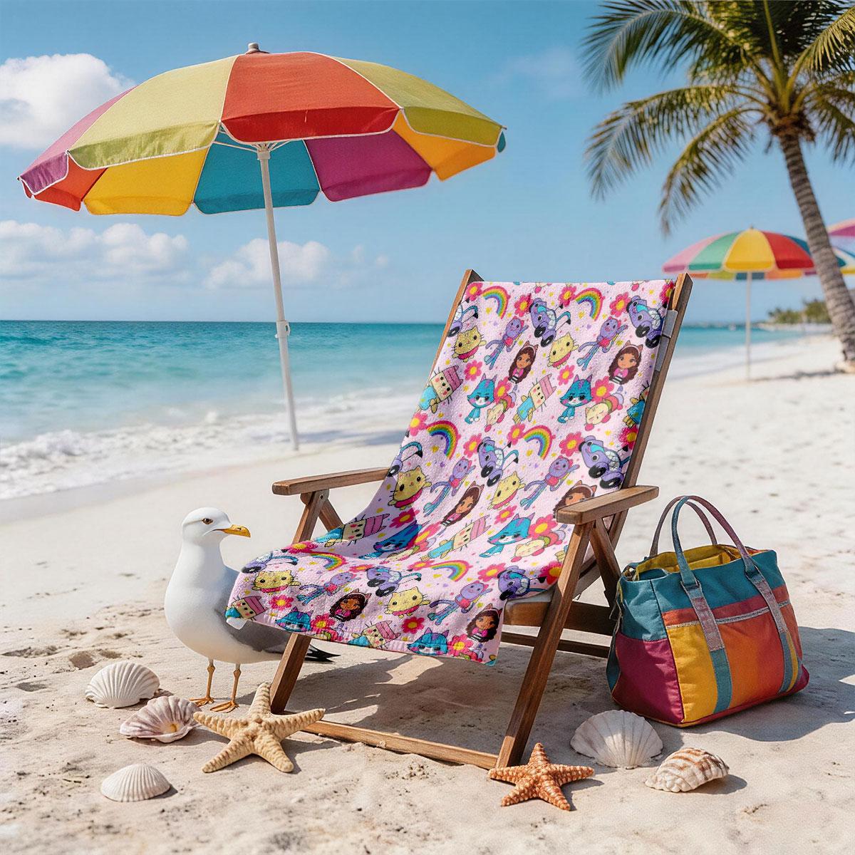 A Gabby's Dollhouse Cartoon Characters Rainbow All-over Printed Beach Towel - Oversized, Skin-friendly, Absorbent and Quick-drying, Perfect for Beach and Pool Leisure, Ideal for Summer Trips - Suitable for Seaside Vacations, Pool Parties and Outdoor Picni