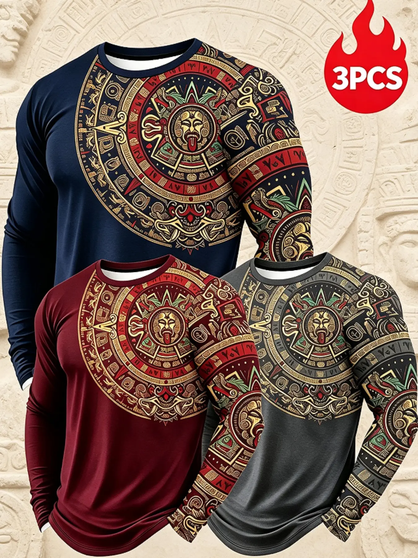 3 Pcs Men Aztec Calendar Print Long Sleeve Slim Fit Crew Neck Shirts Vintage Tribal Graphic Tees Casual Streetwear Athletic Workout Daily Outdoor Pullover Tops