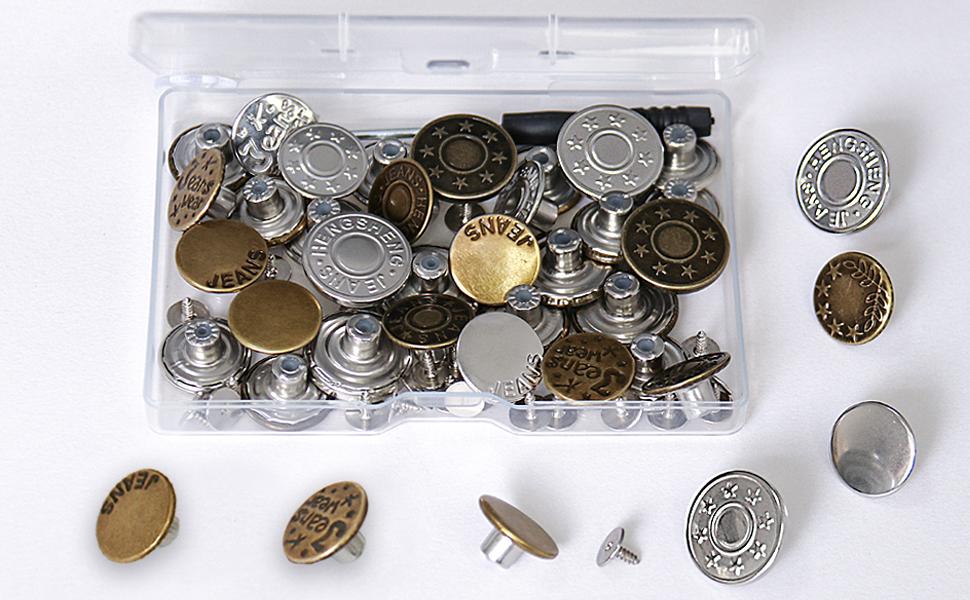 32 Sets Jeans Buttons Replacement, 17 mm and 20 mm No-Sew Removable Metal Buttons Replacement Repair Combo Thread Rivets and Screwdrivers in Storage Box, Women and Men's Jeans Clothing Supplies
