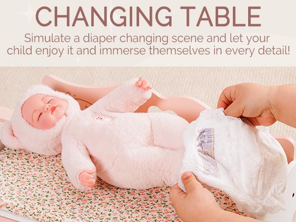 ROBUD Baby Doll Crib, Pink Baby Doll Beds, Wooden Doll Changing Station with Seat, Bottle Sterilizer, Washing Machine and Storage, Doll Accessories of Toy Crib to Kids