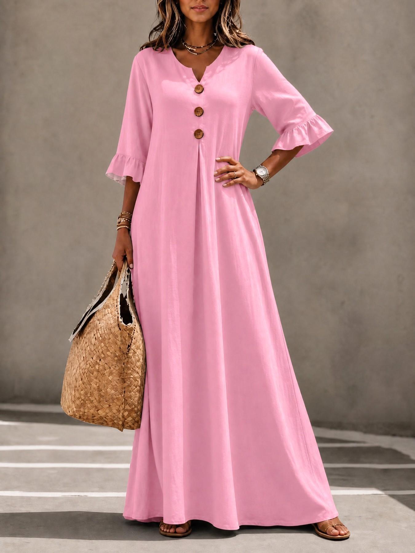 Women's Boho Style Loose-Fitting Wooden Texture V-Neck Dress, Leaf Sleeve Round Button A-Line Long Dress, All Seasons Fashion