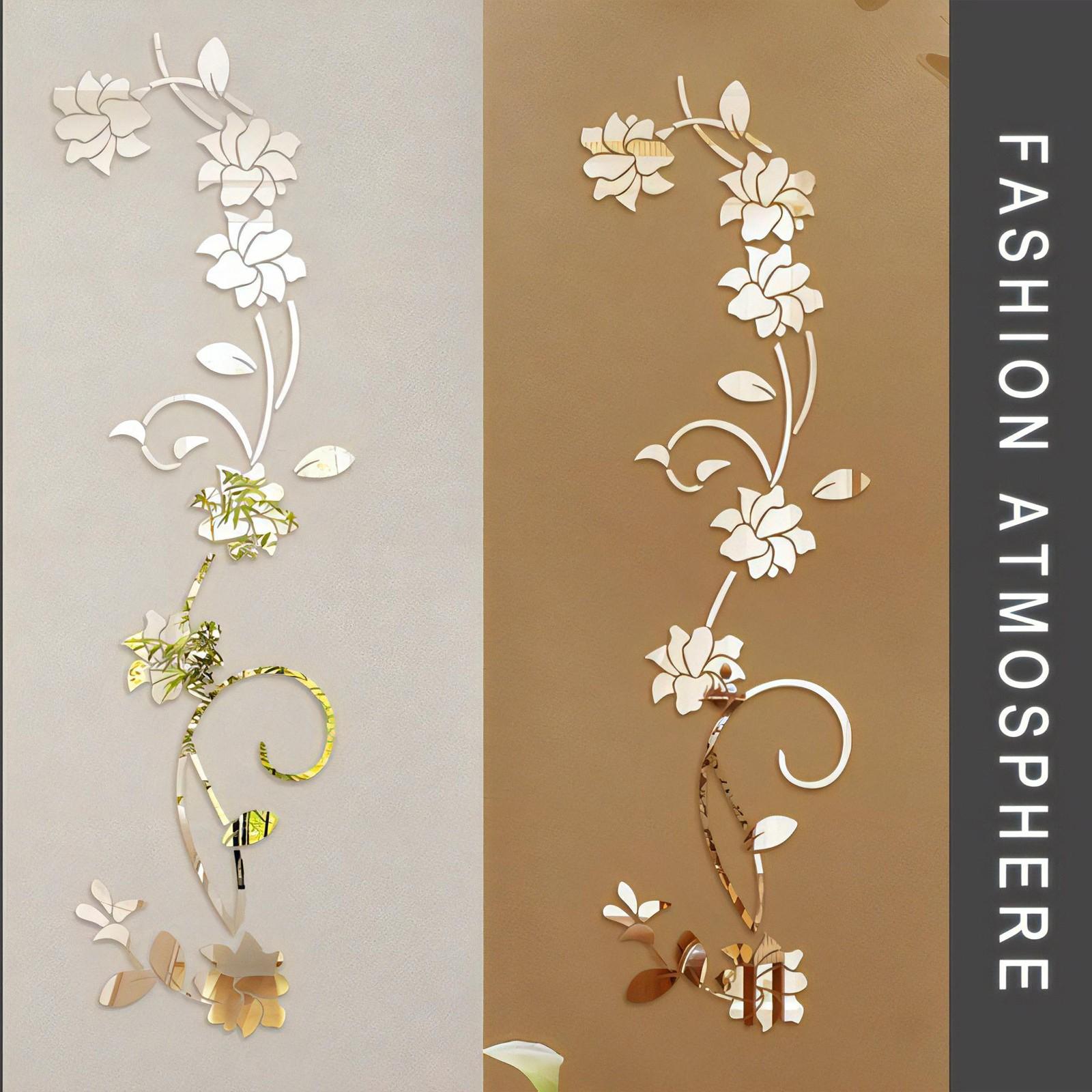 Acrylic Mirror Surface DIY Floral Vine Wall Sticker, 3D Rose Self-Adhesive Removable Decor for Living Room Bedroom