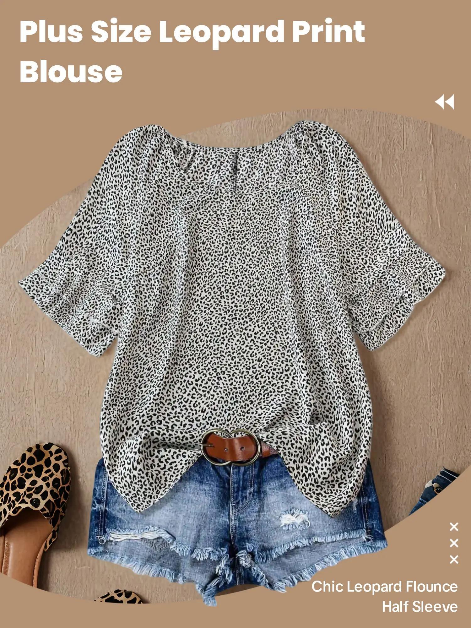 【Plus Size】 Leopard Print Flounce Sleeve Blouse, Casual Round Neck Half Sleeve Top, Women's Plus Clothing for Daily Wear, Cute Outfits, Womenswear, Shirts, Casual Boho Soft, Casual Elegant Top