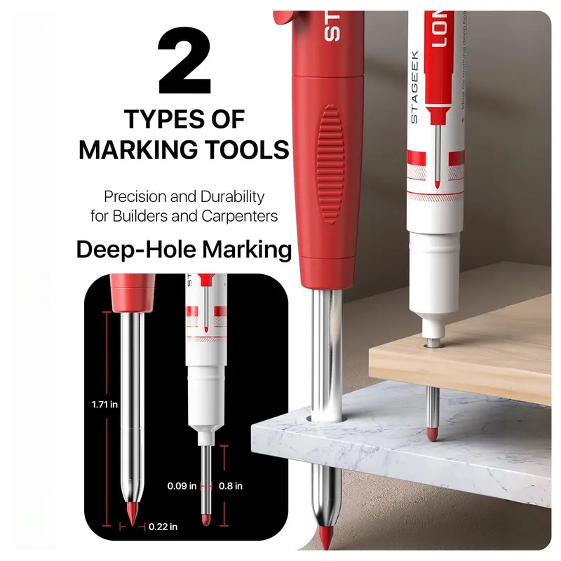 STAGEEK 3-Pack Mechanical Carpenter Pencils Set with Storage Box, Ergonomic Grip, 39 Refills, Sharpener, Eraser, Long Nosed Marker Pens for Architect Marking, Back to School Prep (Marking Tool for Glass, Metal, Plastic)