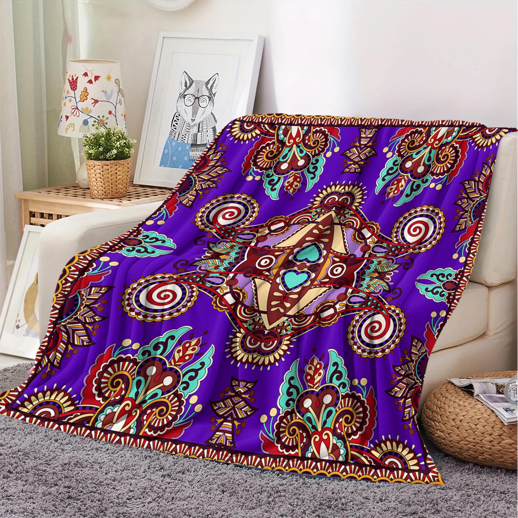 1Pcs Boho Paisley Digital Print Flannel Blanket, Vibrant Ethnic Style Throw Blanket, Ultra-Soft Cozy Warm Blanket, All-Season Decorative Gift Blanket, Perfect for Bedroom, Sofa, Couch, Camping, Travel, Dorm Decor